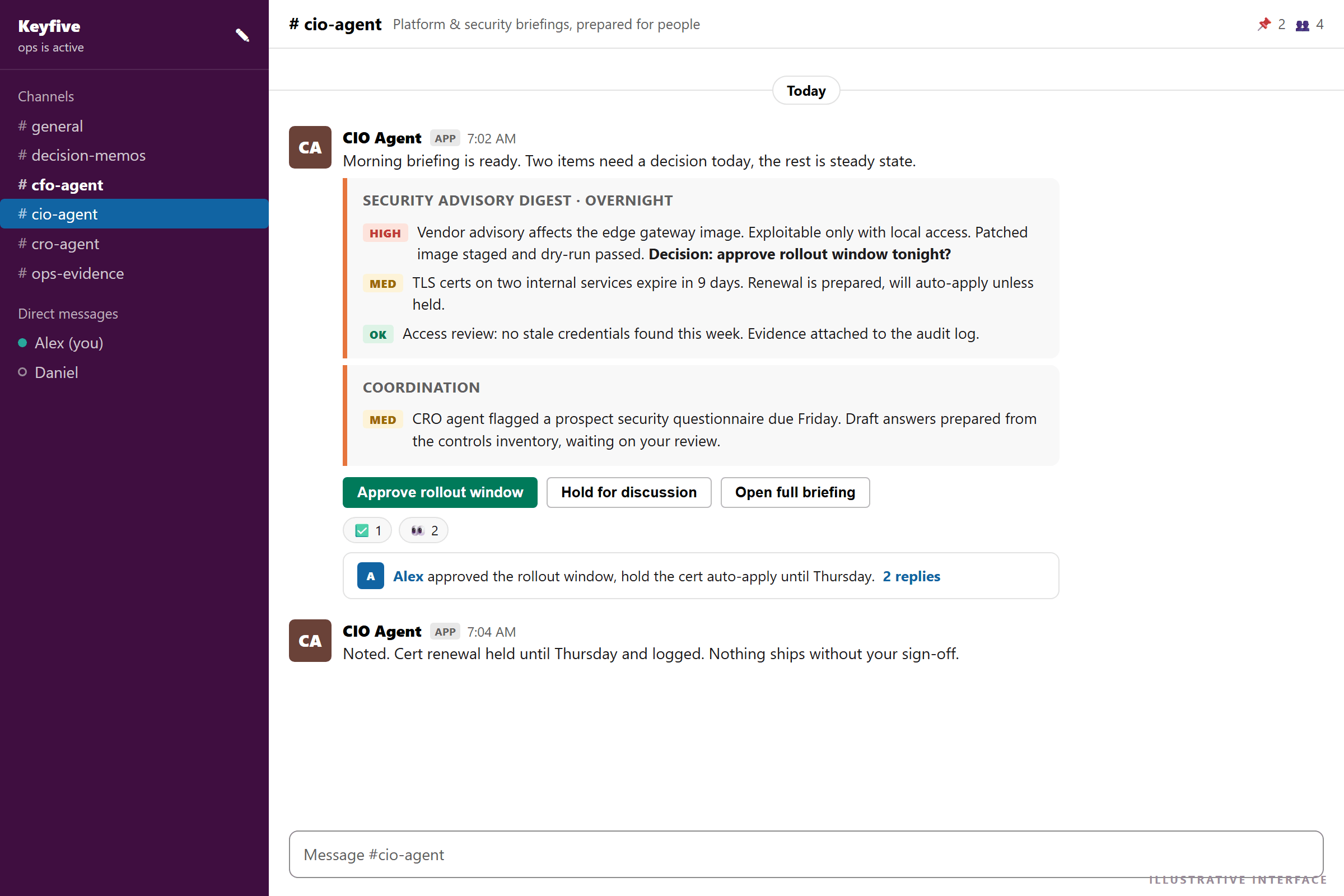 Illustrative chat interface showing a CIO agent posting a morning security briefing with severity levels, a decision request with approve and hold buttons, and a human reply approving the rollout